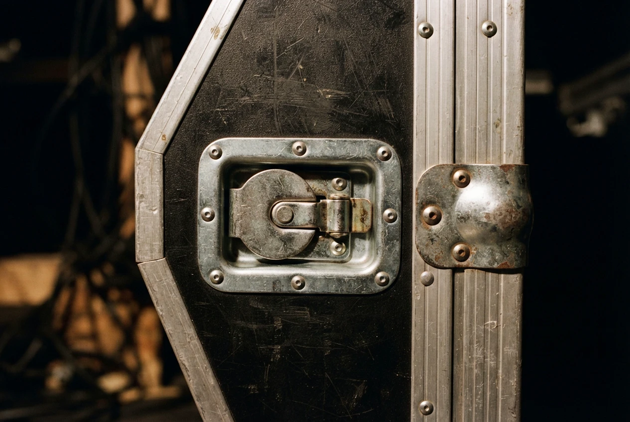 Close-up of a butterfly latch and aluminium profile on a flight case
