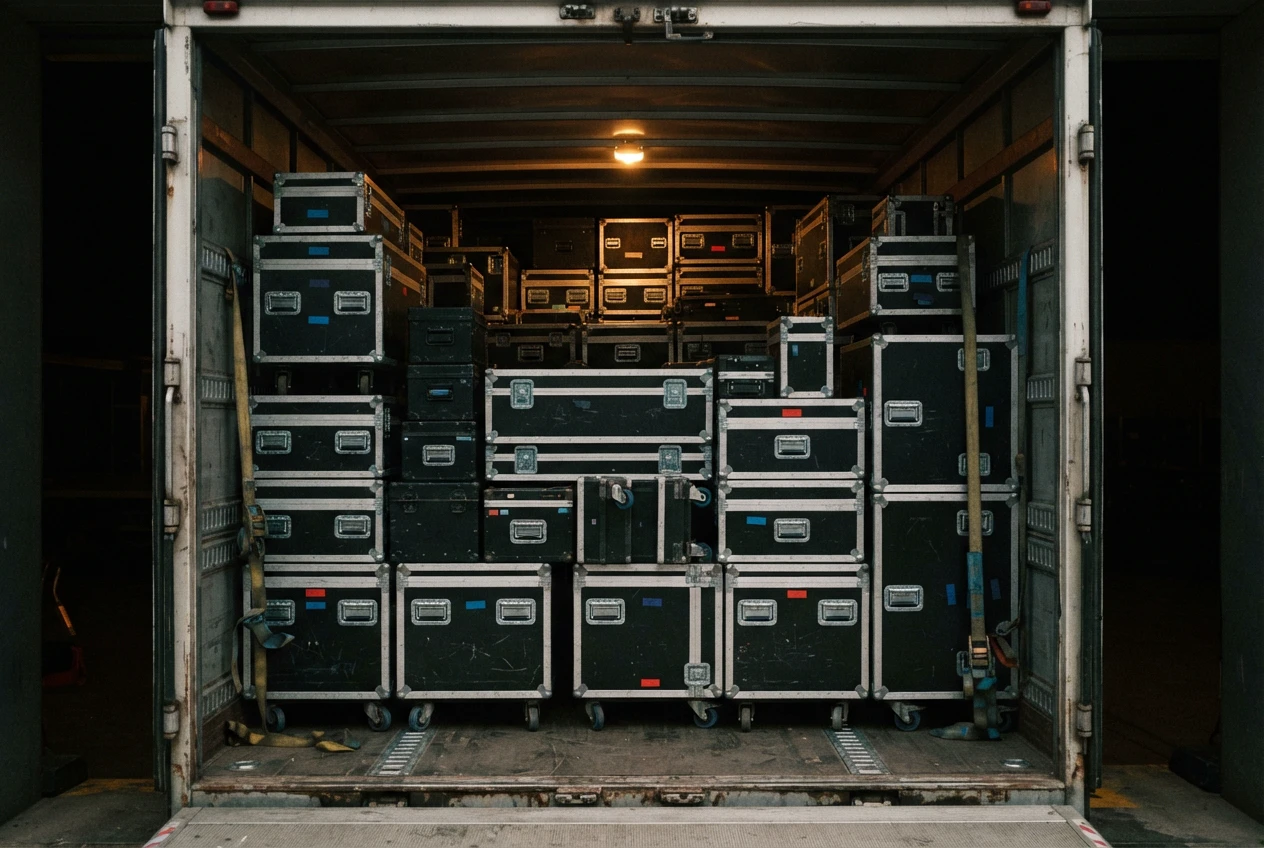 Perfectly loaded truck full of flight cases after a load-out, case tetris in practice