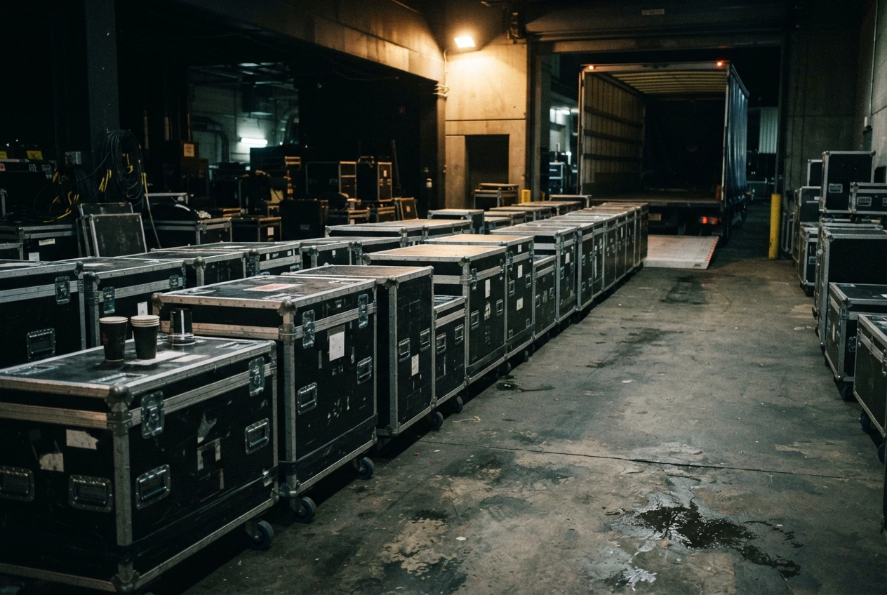 Row of black flight cases backstage, ready for a show load-in