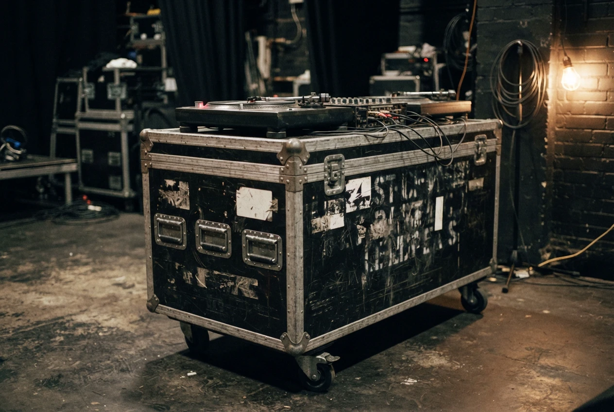 Old flight case covered in tour stencils and stickers