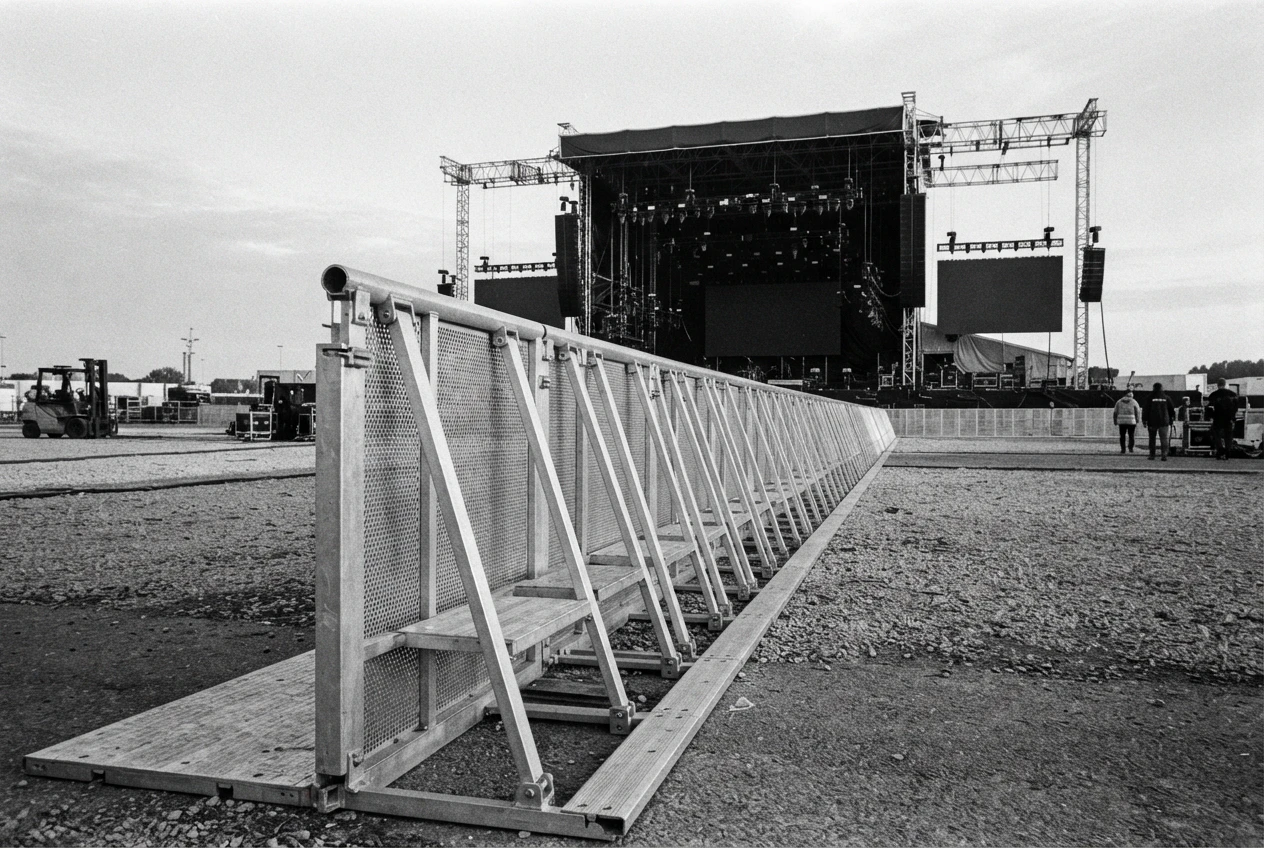 Empty mojo barrier line in front of a festival stage during load-in
