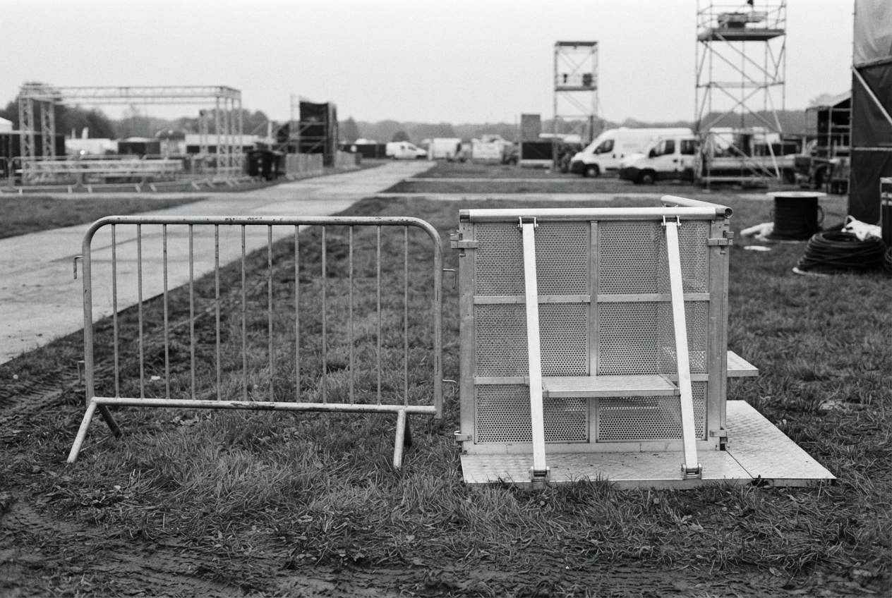 Nadarhek en mojo barrier naast elkaar op een festivalterrein