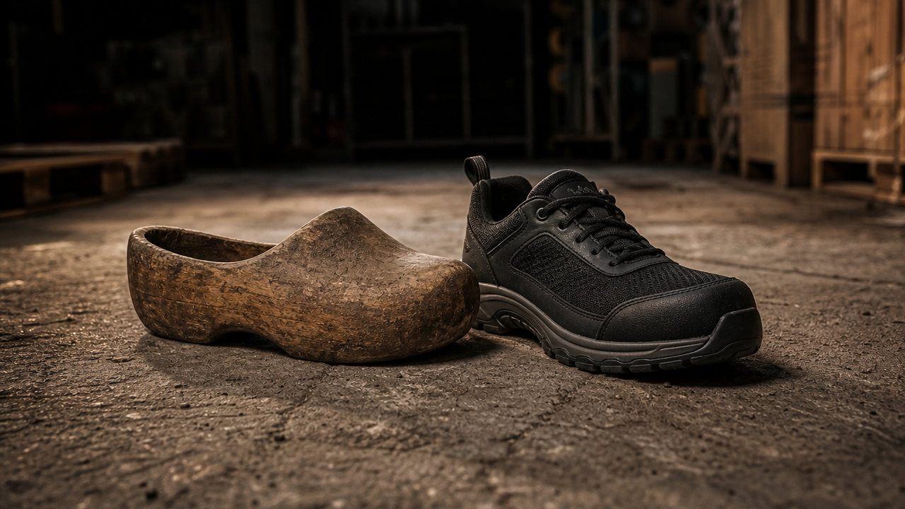 Oude houten klomp naast een moderne lichte safety sneaker op een betonnen werkvloer