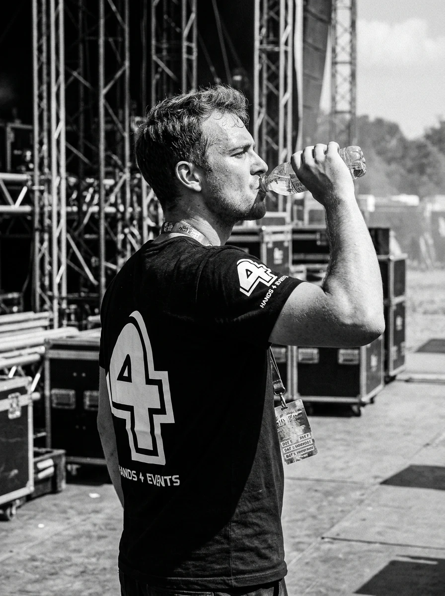 Hands 4 Events crewlid drinkt water tijdens warme load-in