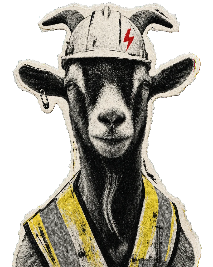 De veilige geit als sticker: een geit met helm en fluohesje op de werf